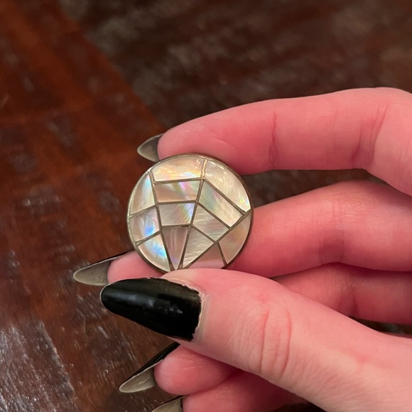 Spiderweb Pearl Pendant, Southwestern Inlay Mother of Pearl Brooch, Signed - Picture 8 of 10